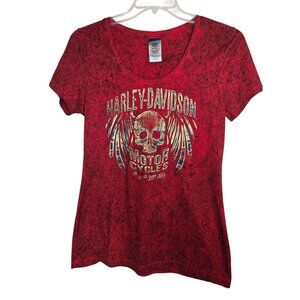 Harley-Davidson Bloomington Womens Red Graphic T-Shirt With Skull & Wings Design